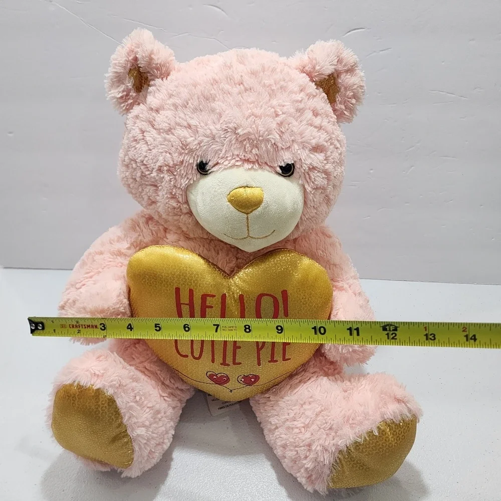 Animal Adventures Valentine Plush Hello Cutie Pie Pink Bear Gold Heart 12'